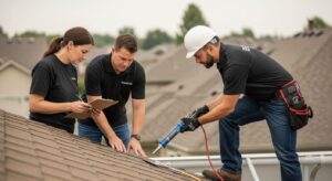roof repair, homeowner inspection, teamwork