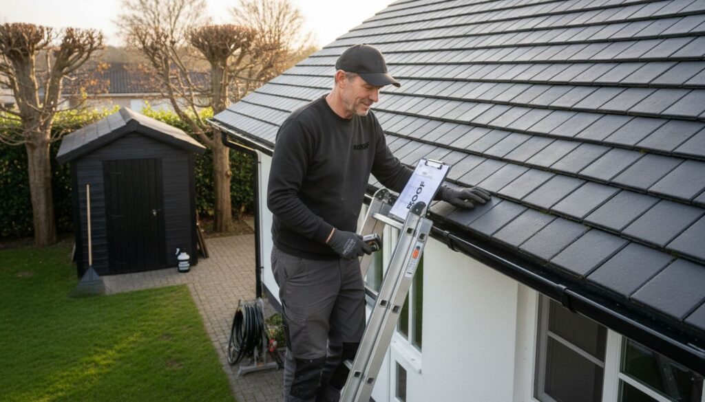 Professional inspecting a clean, well-maintained roof