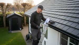 Professional inspecting a clean, well-maintained roof