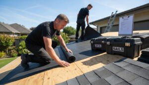 Roofers install new shingles and underlayment