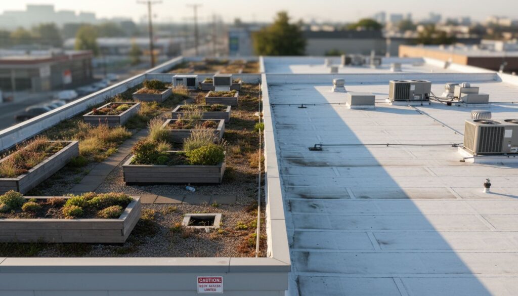Suburban house and nearby flat commercial roofs in morning