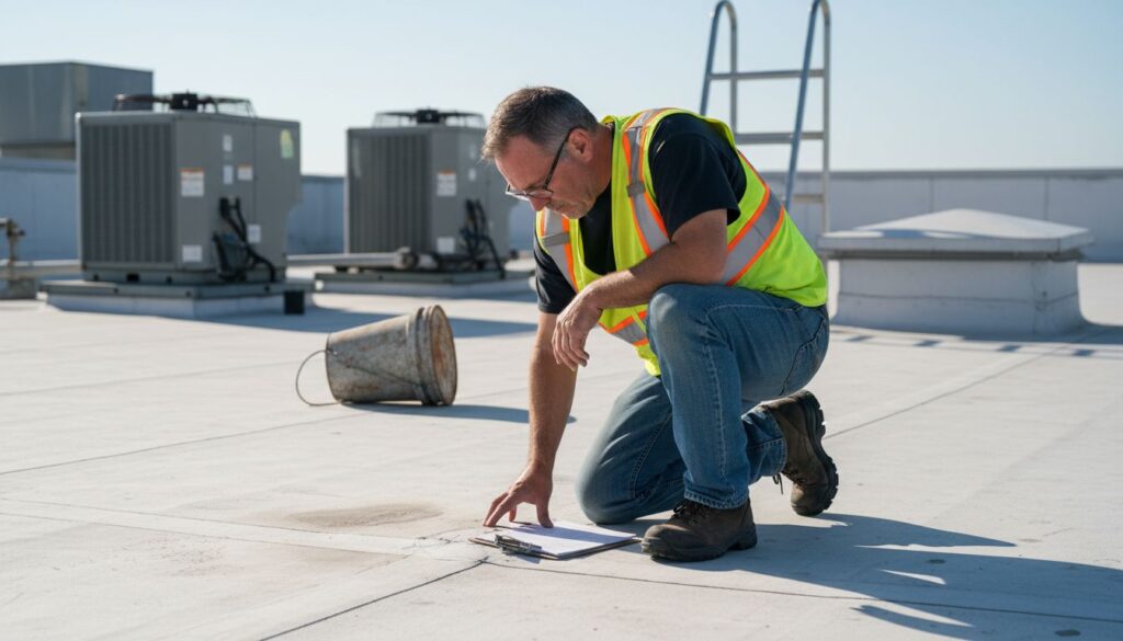 Inspector examines commercial TPO roof at sunrise