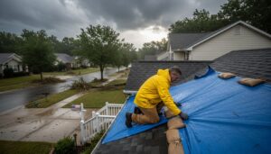 Roofer covering storm-damaged roof with tarp