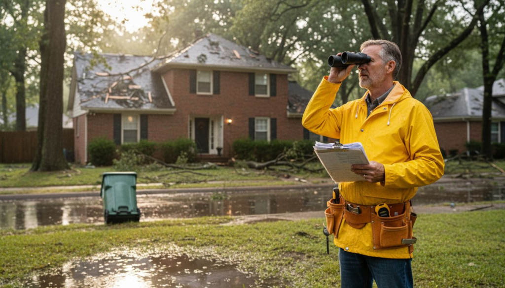 Inspector surveying storm-damaged residential roof