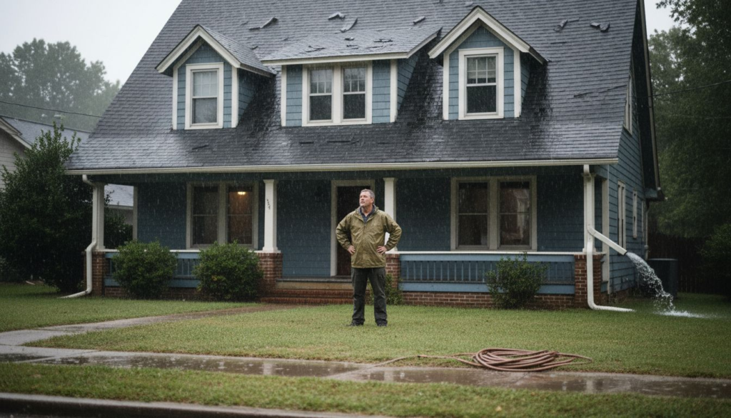Homeowner inspecting leaking Charlotte roof in rain