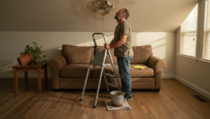 Homeowner inspecting ceiling for roof leak