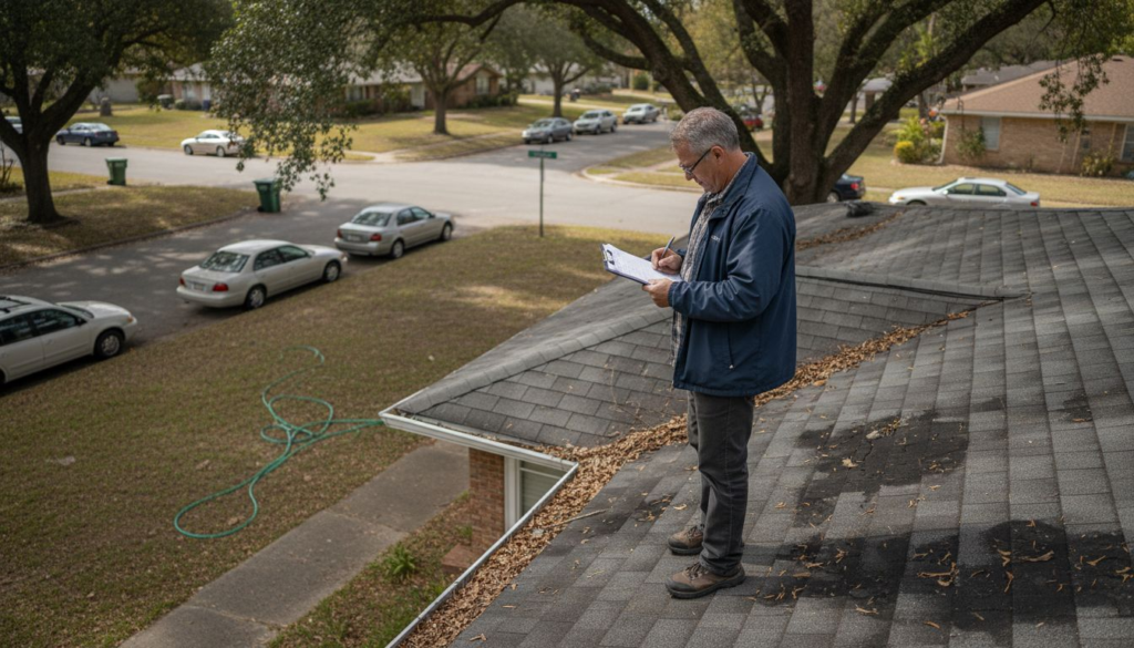 Roof inspector reviewing notes on home roof