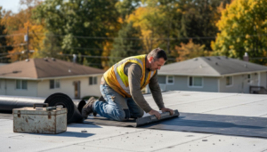 Contractor installing EPDM membrane on home roof