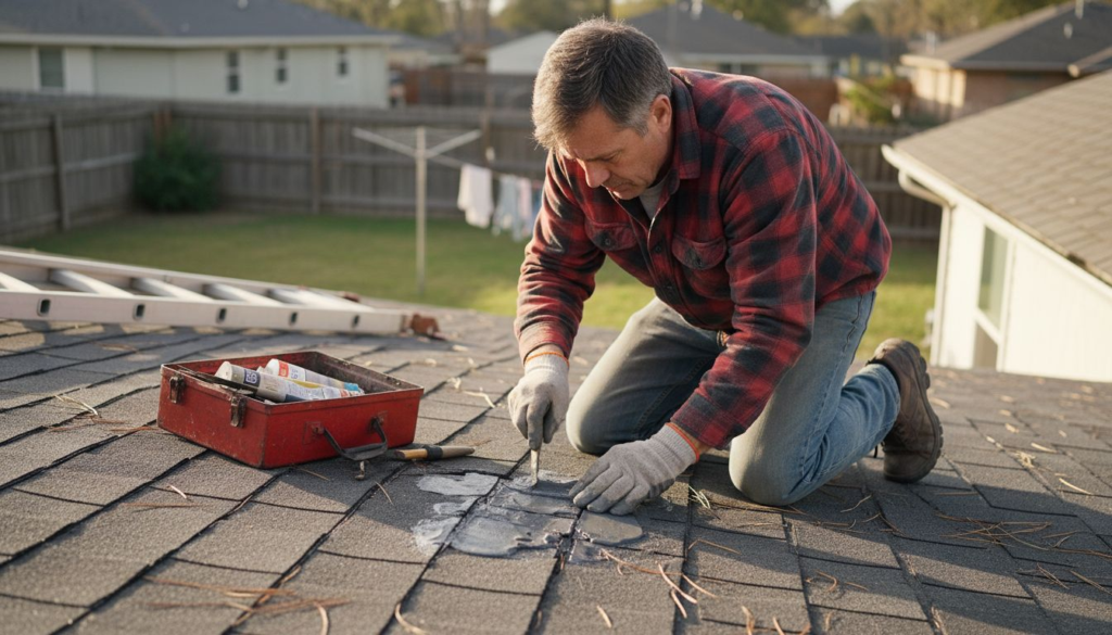 Homeowner applying patch to roof leak