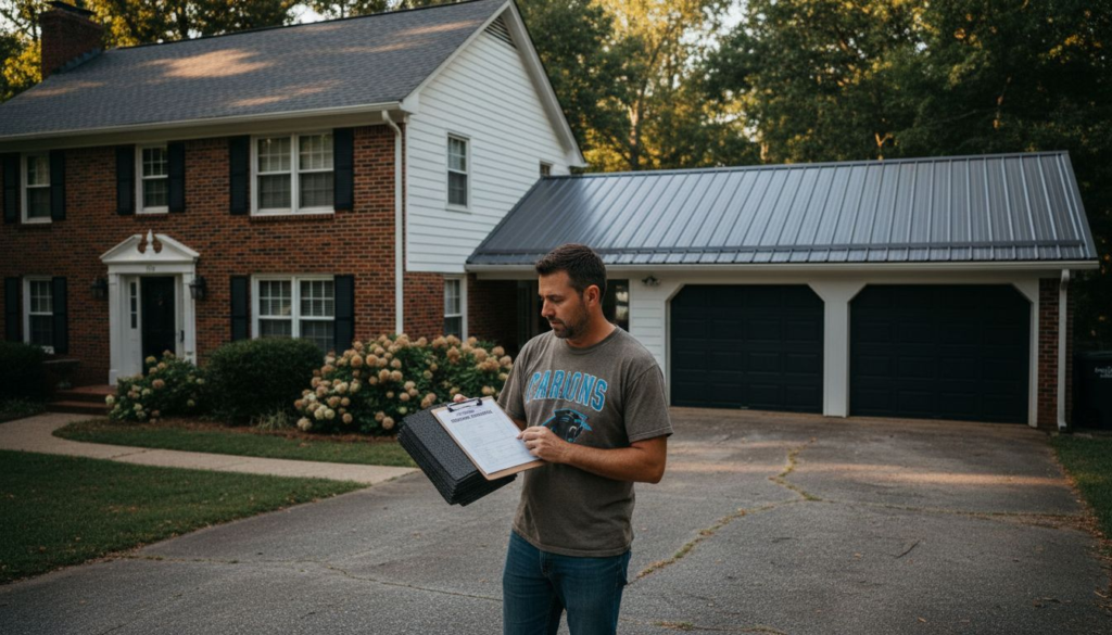 Homeowner comparing asphalt and metal roofs Charlotte