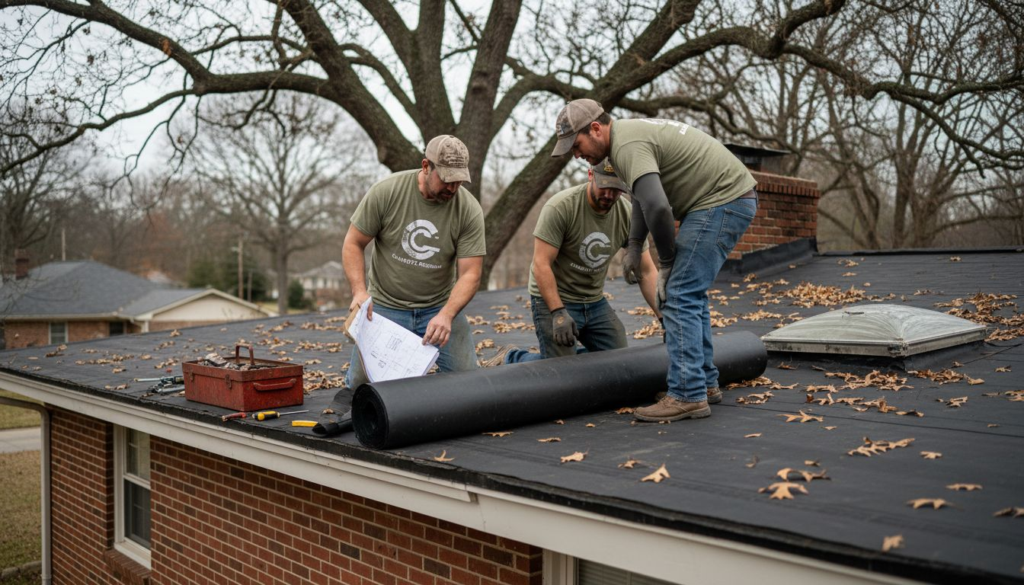Roofers installing membrane on Charlotte home