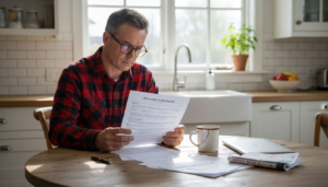 Homeowner reviewing roofing contract at kitchen table