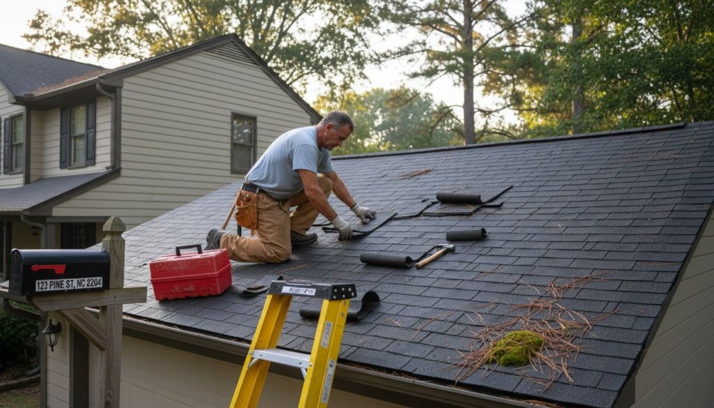 Roofer repairing shingles on Charlotte home roof