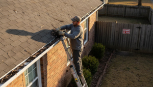 Contractor cleaning gutters on residential roof edge