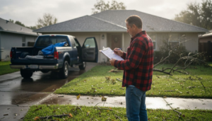 Homeowner checking roof for insurance claim after storm
