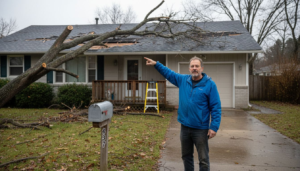 Homeowner assessing storm-damaged roof