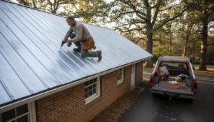 Contractor installing metal roof on Charlotte home