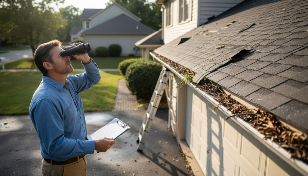 Homeowner inspecting damaged suburban roof