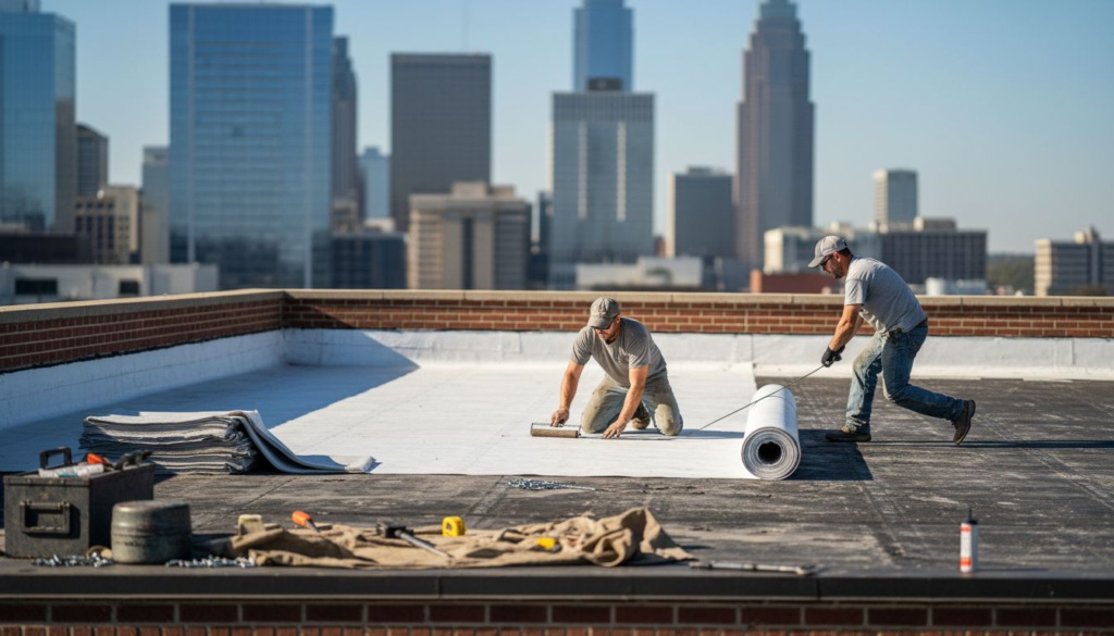 Roofers installing single ply membrane in Charlotte