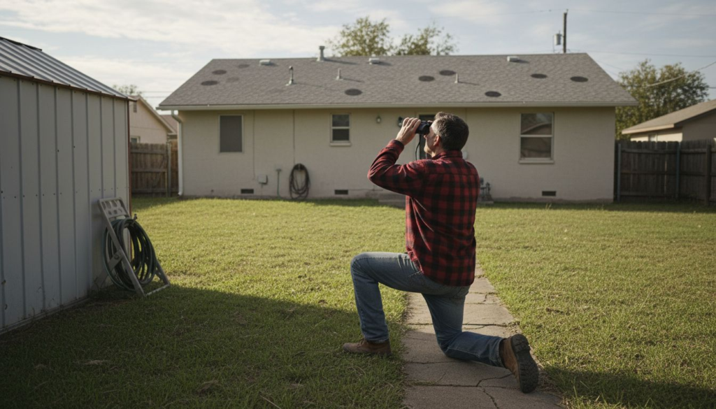 Homeowner inspecting roof for hail damage