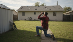 Homeowner inspecting roof for hail damage