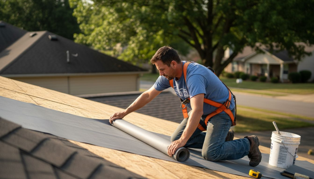 Contractor installs roof membrane on Charlotte home