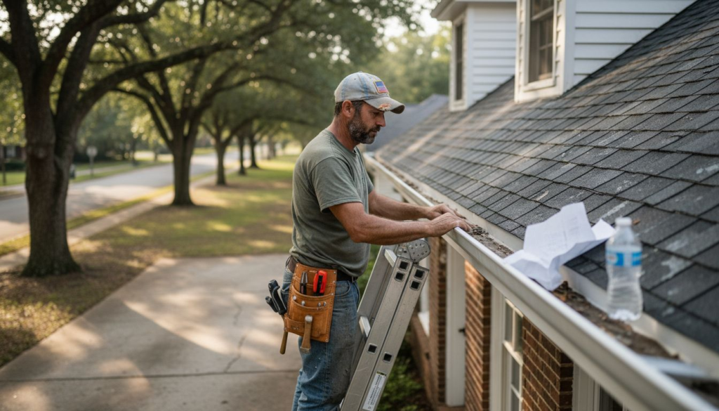 Roofer inspecting Charlotte house gutters