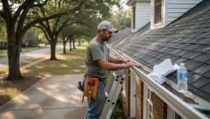 Roofer inspecting Charlotte house gutters