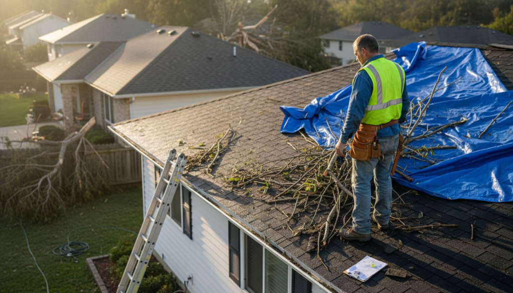 Roofer surveying storm-damaged residential roof