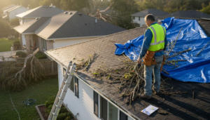 Roofer surveying storm-damaged residential roof