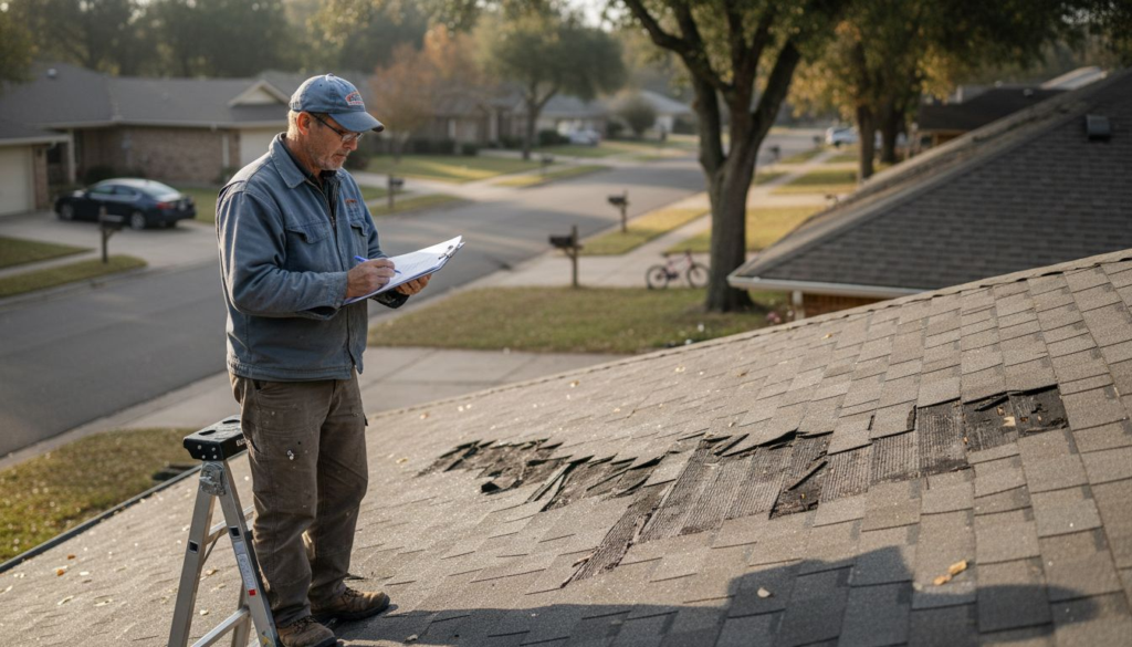 Contractor inspecting damaged residential roof