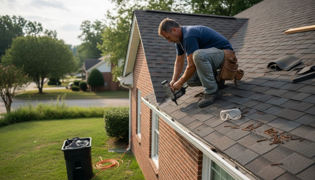 Roofer installing storm-resistant shingles in Charlotte