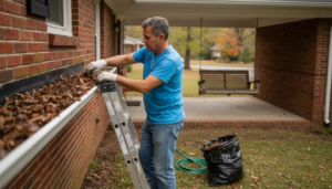 Homeowner cleaning gutters on Charlotte brick house