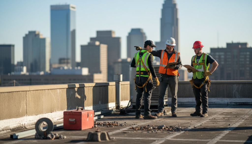 Roof maintenance crew on city building rooftop