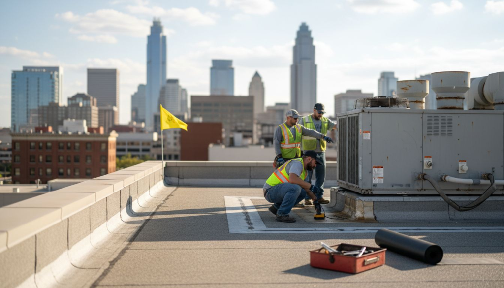 Roofers inspecting commercial roof waterproofing