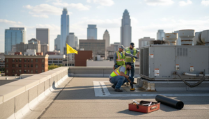 Roofers inspecting commercial roof waterproofing