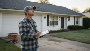 Homeowner inspecting roof with clipboard outside