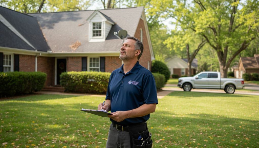 Inspector examining Charlotte brick home roof