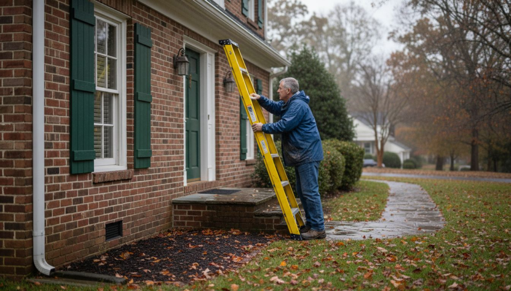 Homeowner inspecting roof drainage during rain
