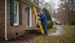 Homeowner inspecting roof drainage during rain