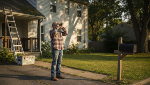 Homeowner inspecting roof from backyard
