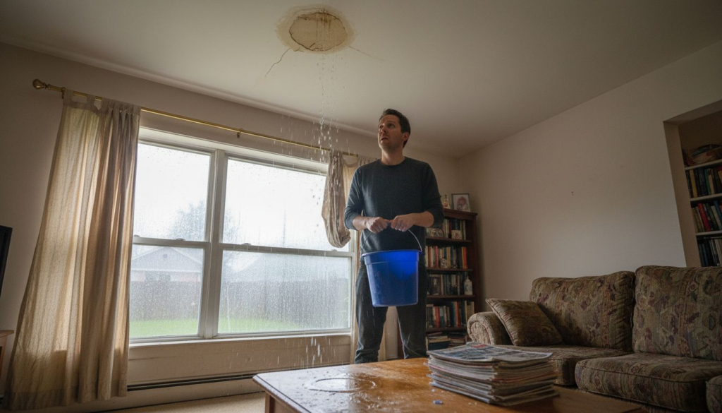 Concerned homeowner catches roof leak in living room