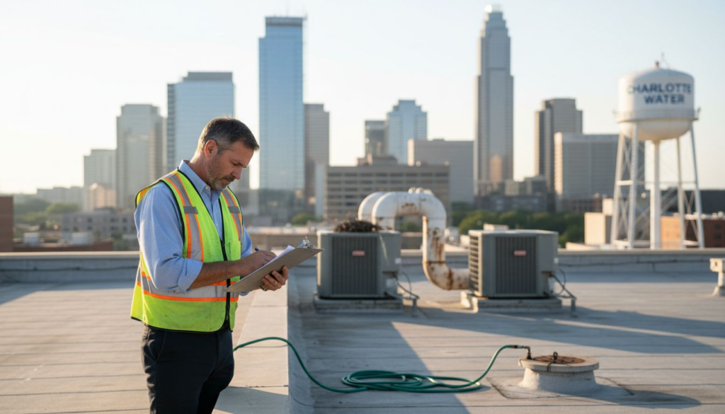 Property manager inspecting flat commercial rooftop