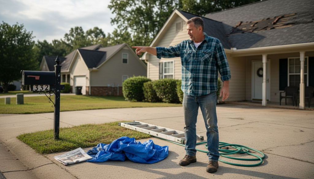 Charlotte resident examining storm-damaged roof