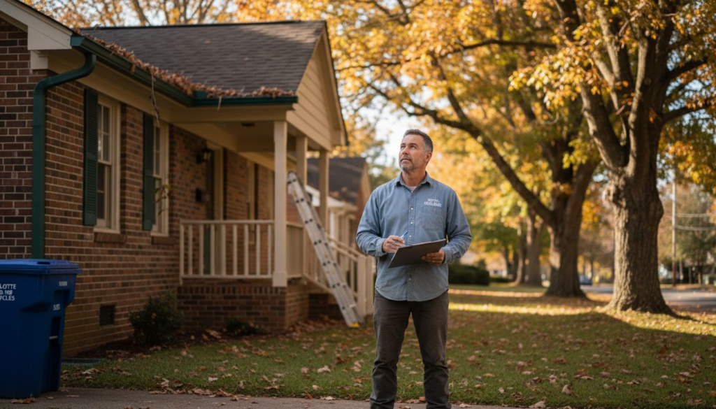 Roofing contractor inspecting Charlotte home exterior