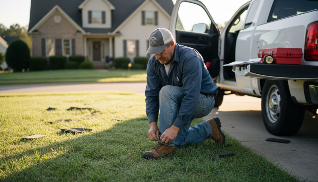Roofing contractor preparing on Charlotte home
