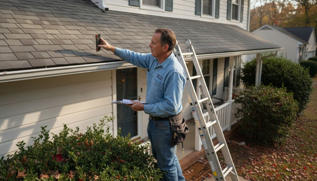 Roofer inspecting Charlotte home roof