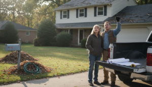 Homeowners and contractor discuss roof installation