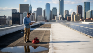 Commercial rooftops showing multiple roof types city view